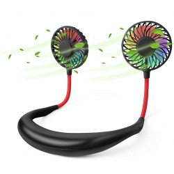 Hand Free Mini USB Fan Rechargeable Portable Headphone Design Wearable Neckband Fan, 3 Level Air Flow, 7 LED Lights, 360 Degree Free Rotation (Black)